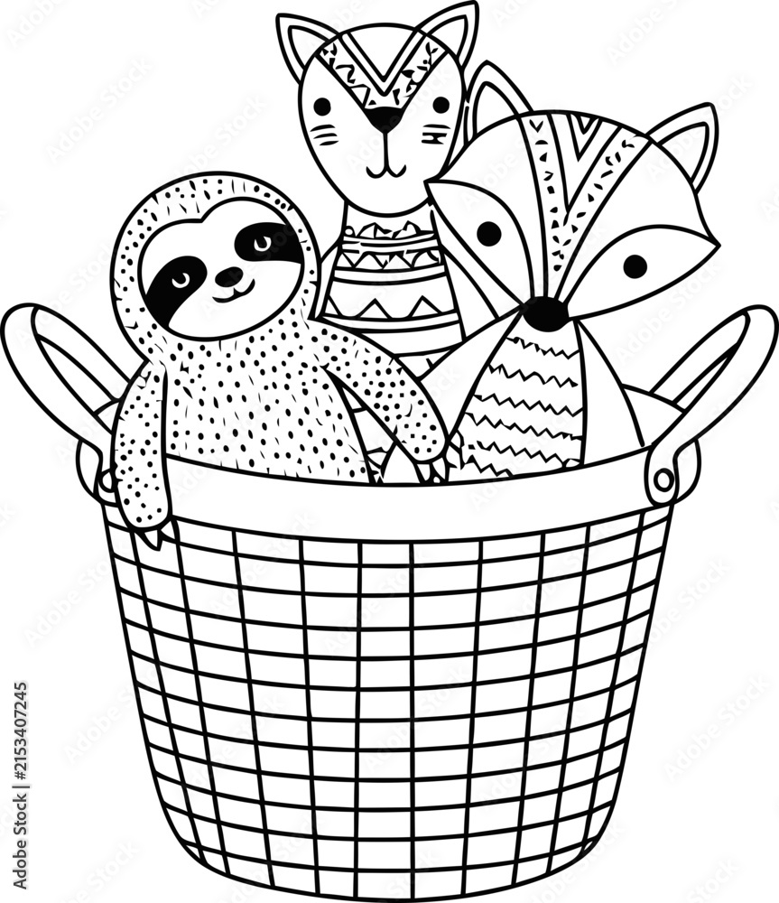 Obraz premium Cute Woodland Animals in Basket: Sloth, Fox, Raccoon - Coloring Page