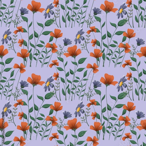 Botanical Meadow Floral — Repeat 01-2
Hand-drawn botanical meadow floral seamless pattern featuring orange wildflowers, lavender daisies, green foliage and delicate botanical stems on a soft lavender
