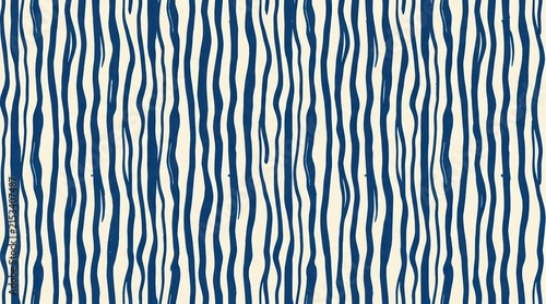 Blue Hand Drawn Vertical Stripes Seamless Pattern on Cream Background