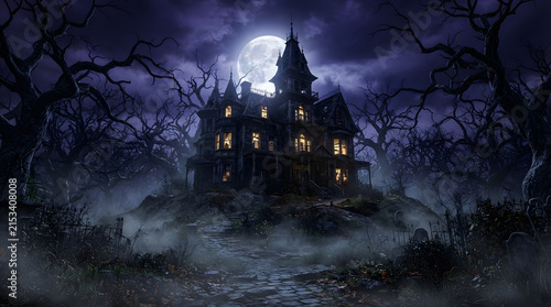 A dark and ominous haunted mansion is silhouetted against a bright full moon on a foggy night creating mystery and gothic horror