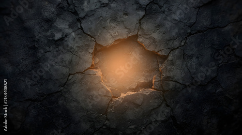 A dark cracked stone texture with a glowing orange light emanating from a hole in the center