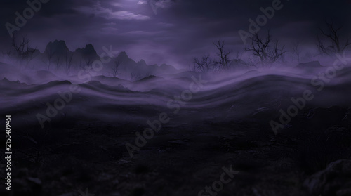 A hauntingly beautiful nighttime landscape features gently rolling hills bathed in the soft glow of a luminous moon creating a mysterious atmosphere