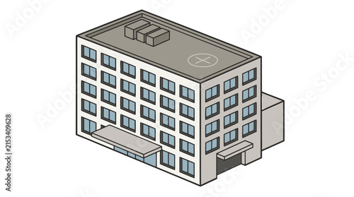 Isometric Hospital or Corporate Office Building with Helipad Vector Illustration
