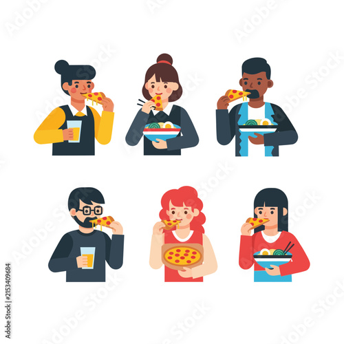 Diverse People Enjoying Pizza and Ramen Illustration