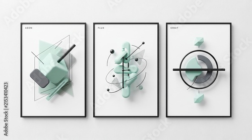 Cuadro en lienzo Minimalist 3D geometric poster set, mint green abstract wall art collection, mod