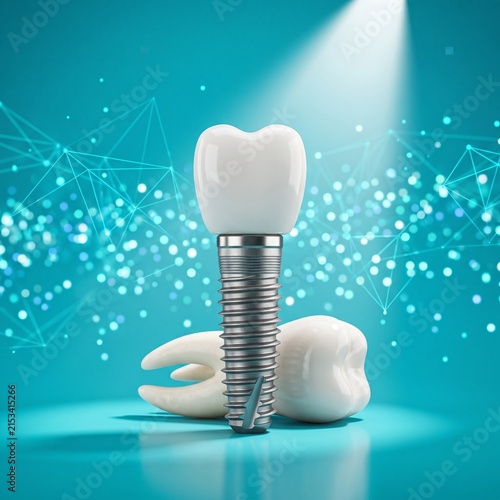Titanium dental implant displayed on stand, dental care and oral hygiene concept for healthcare clinic advertising