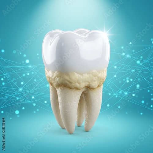 Close up of human molar tooth with visible plaque, dental care and oral hygiene concept for clinic advertising