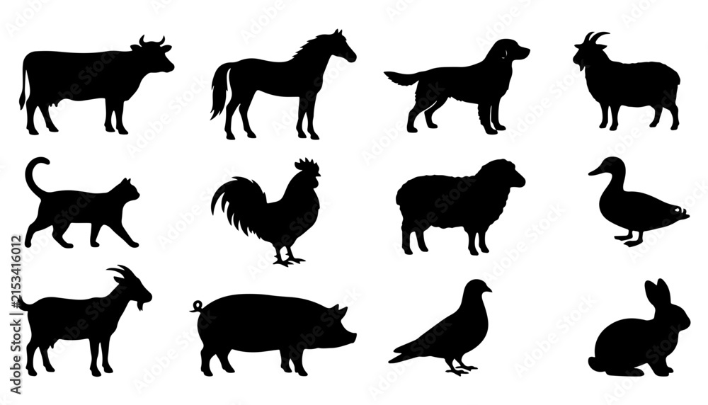 Obraz premium Farm Animal Silhouettes Vector Set: Cow, Horse, Dog, Ram, Cat, Rooster, Sheep, Duck, Goat, Pig, Pigeon, and Rabbit Icons for Agriculture, Livestock, and Pet Branding
