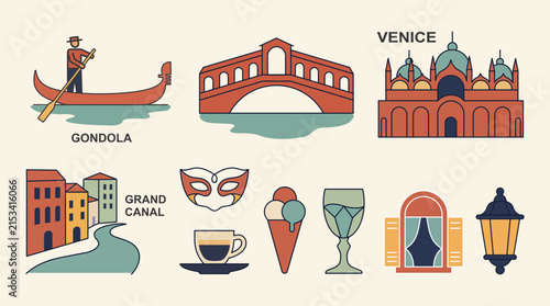 Charming Venice Travel Illustration Featuring Gondola, Rialto Bridge, Grand Canal, Venetian Mask, Basilica, Gelato, and Local Culture

37 Keywords