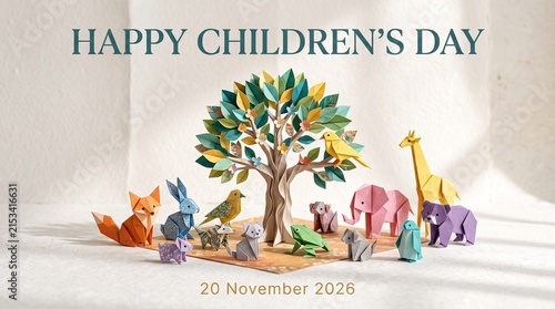 Happy childrens day greeting with papercraft forest animals and tree, papercraft