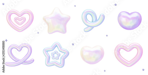Aurora Pastel Holographic Collection - Dreamy Heart & Star Icon Set - Transparent 3D PNG Elements