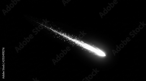 A brilliant white shooting star traveling diagonally with a sparkling luminous trail and fading particles, sharp glowing head, isolated on a pure solid black background, clean celestial stock effect