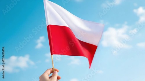 Hand holding waving flag of Poland against blue sky