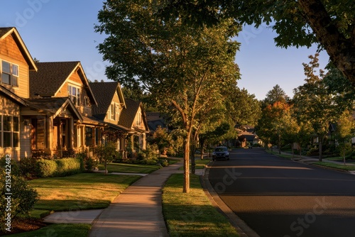 Quiet residential street in Troutdale, Oregon at morning light