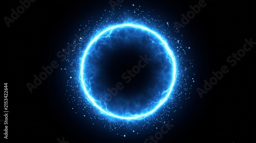 Bright electric blue energy halo forming a perfect luminous circle, intense glowing edge with soft atmospheric bloom, small particles surrounding the ring, dark black background