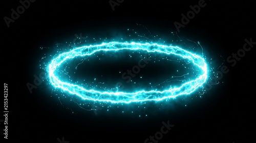 Vibrant electric cyan neon ring floating in darkness, uneven glowing energy edges, subtle sparks and tiny particles escaping from the ring, soft atmospheric bloom, futuristic technology aesthetic, iso