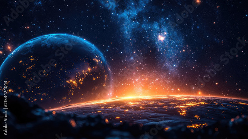 Cosmic Panorama: Alien Planet Orbiting Star with Glowing City Lights and Nebula