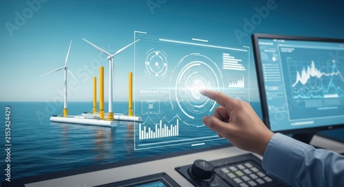 Engineer Interacting with Futuristic Offshore Wind Farm Holographic Display Showing Data and Analytics