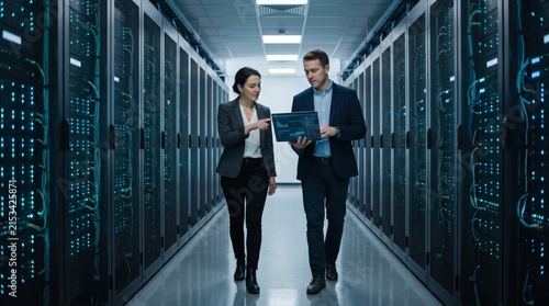 Business professionals checking data in a modern server room
