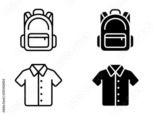 Icon set featuring backpacks and collared shirts in linear and solid