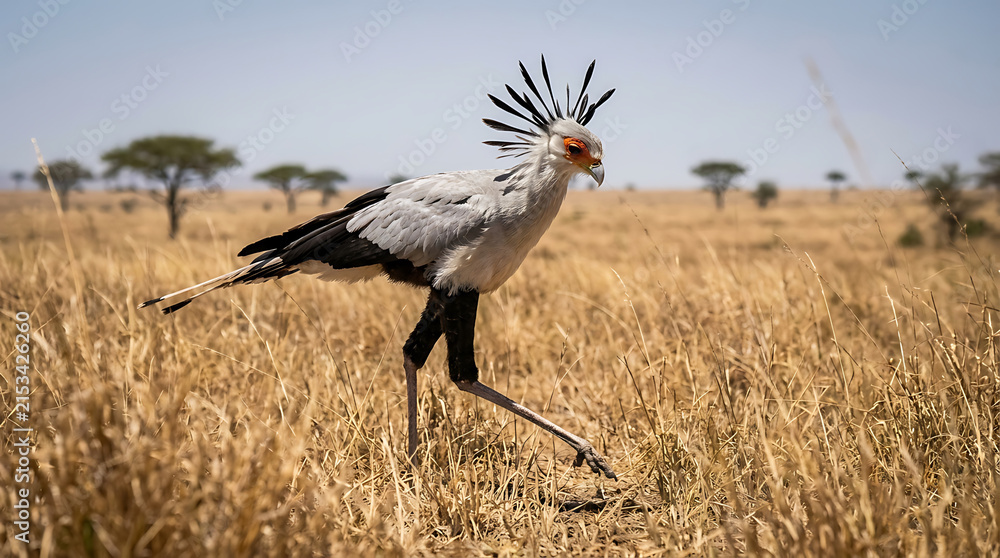 Obraz premium Secretary bird striding through African savanna grasses, actively hunting for prey on a bright, sunny day