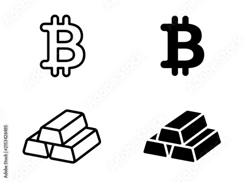 Bitcoin currency and gold bullion bar icons in outline and glyph