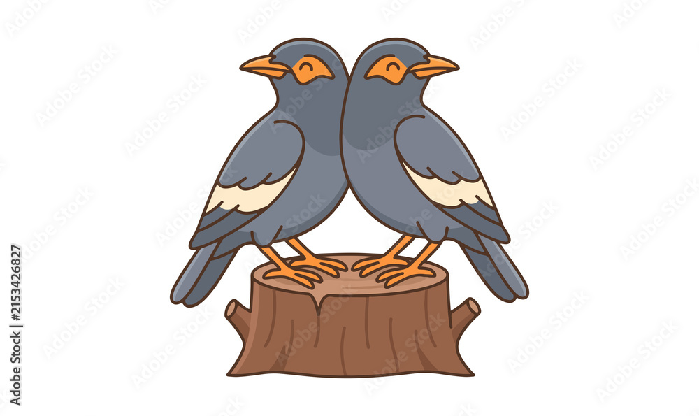 Obraz premium Pair of Myna Birds Perched on Tree Stump Illustration On PNG Backgroun, myna, mynah, bird, pair, couple, perched, tree stump, branch, nature, wildlife, animal, gray, feathers, 