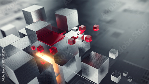 Abstract geometric blocks, AI systems, business finance, digital infrastructure concept. 3D cube abstract geometric blocks- technology and blockchain network. 3d rendering