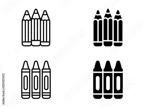 Set of three crayon and pencil drawing tool icons in linear and solid
