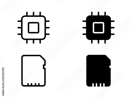 Cpu processor and sd memory card icon set in linear and solid styles