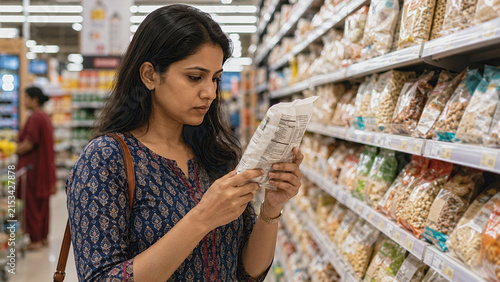 Indian woman examining food ingredients while grocery shopping