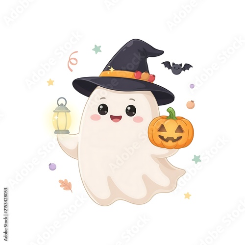 Cute cartoon ghost wearing a witch hat, holding a glowing lantern and a jack-o-lantern pumpkin, surrounded by stars and bats on a white background