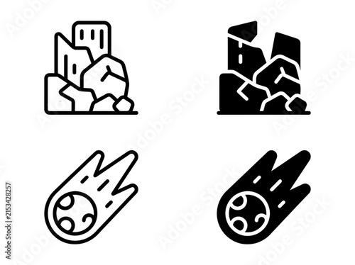 Stone formation and comet space icon set with asteroid, celestial