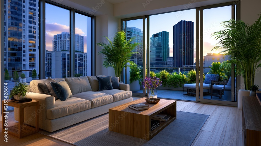 Fototapeta premium Modern apartment living room with cityscape; large windows, plants, wooden furniture, and balcony