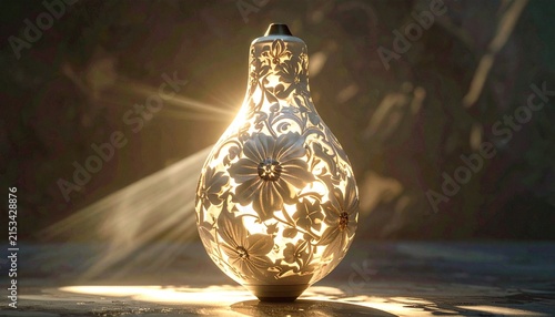 Ornate Decorative Light Bulb with Intricate Floral Cutouts and Warm Light Rays.