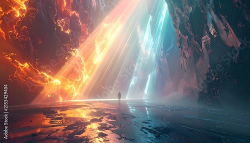 Mystical Cave Entrance with Contrasting Light Beams and Reflective Surface.