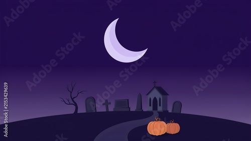 A minimalist halloween night scene featuring a crescent moon, a small stone chapel, gravestones, a bare tree, and pumpkins on a dark hill