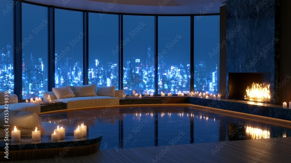 Fototapeta premium Luxurious candle-lit room with city view features expansive windows, cozy sofas, and a glowing fireplace