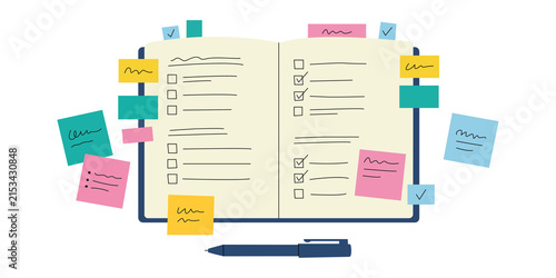 Creative Project Planning Checklist Notebook with Sticky Notes and Task Management Illustration Isolated on PNG Background.