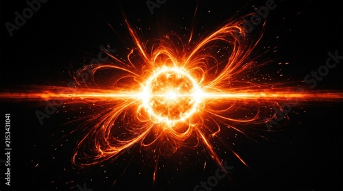 A realistic fiery orange and red light flare effect on a pure black background, featuring a blazing sun-like glowing core at the center with intense horizontal heat rays and sweeping radial solar flar