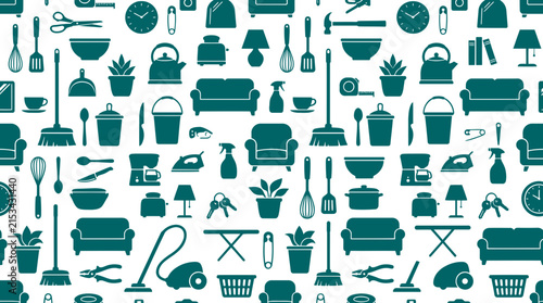 Teal and white seamless pattern of household icons cleaning tools and home appliances