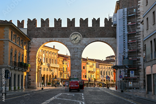 morning vew, ancient Roman Porta Borsari gateway in historic Verona, Italy