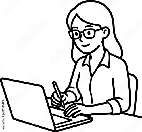 Woman working on laptop, wearing glasses, writing with pen, desk illustration