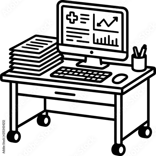 Desk with Computer, Stack of Papers, and Medical Data Analysis