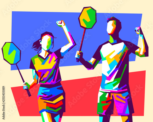 Vibrant vector illustration set of male and female badminton players celebrating victory in WPAP pop art style with colorful geometric shapes.