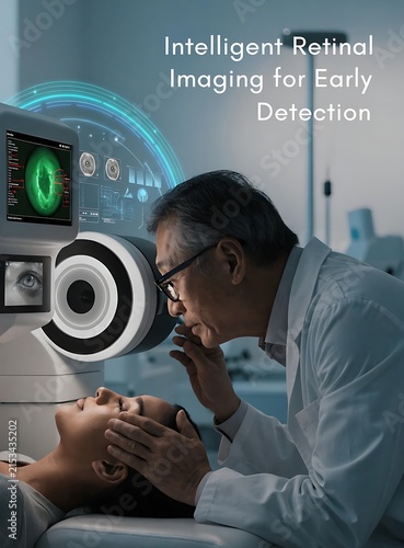 Eye doctor performing a retinal scan on a patient using high tech medical imaging equipment