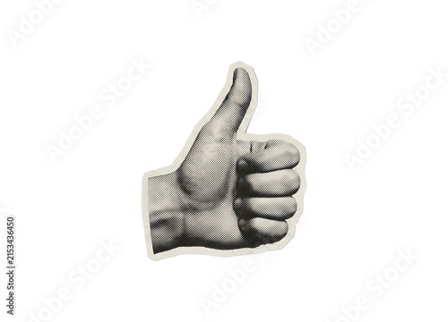 Принти на полотні Hand making a thumbs up gesture with a halftone dot texture and paper-cut style