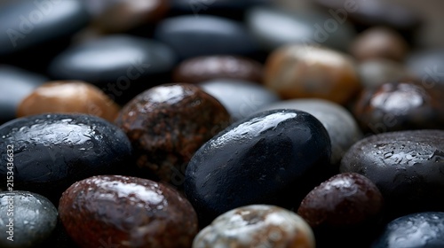 Wet river stones with smooth rounded surfaces and natural color variation under soft lighting