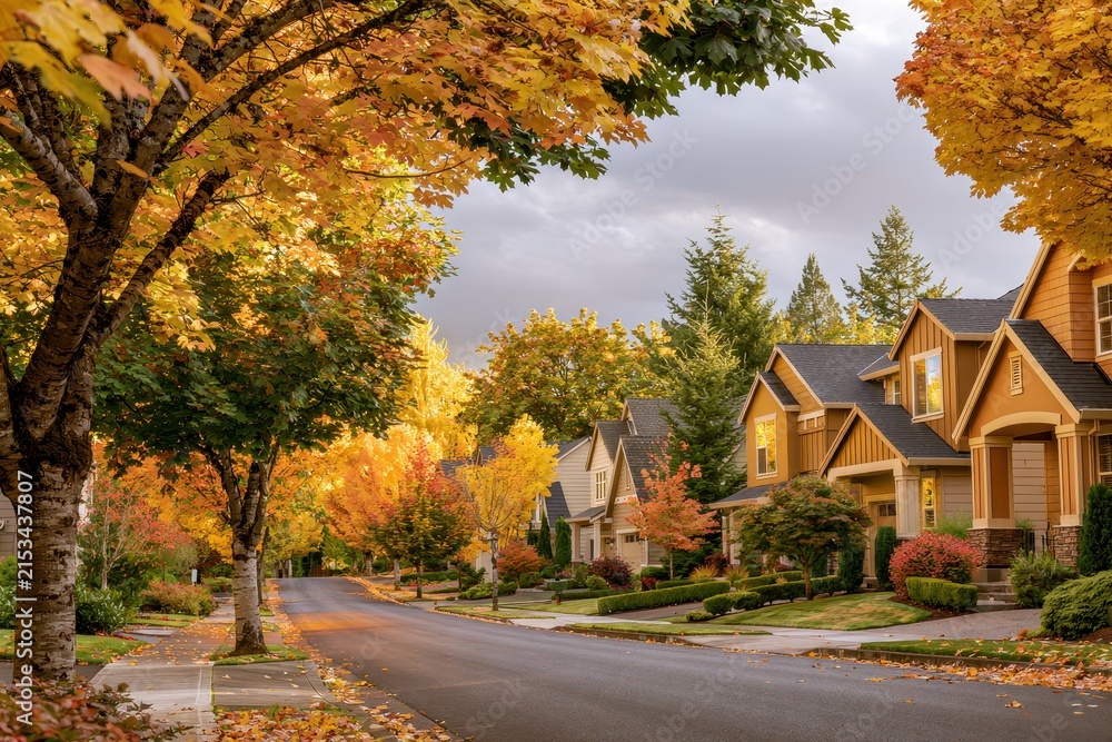 Fototapeta premium Suburban Fall Scene: Cozy Homes Amid Colorful Foliage in Happy Valley