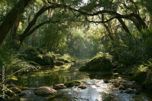 Sunlit Florida woodland creek near Crystal Springs with moss-draped trees and tranquil banks